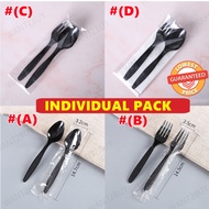 🇲🇾 🏆 3 in 1 Premium  Individual Pack Black Spoon Fork Tissue Disposable Plastic Cutlery Set Party Sudu Garpu Panjang 勺叉刀