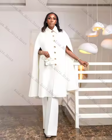 White Cape Women Suit Set 2 Piece Blazer+Pants Trousers Cotton Customized Autumn Fall Formal Guest W