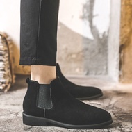 รองเท้าบูทChelsea Boots สำหรับผู้ชาย ทรงหัวแหลม หนังบุขนแกะ ระบายอากาศได้ดี รองเท้าบูทส้นสูง ส้นแบน 