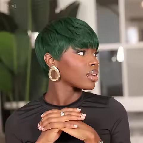 Green Short Human Hair Wigs on Sale Clearance 100%Human Hair Quality Bangs Pixie Cut Wigs Human Hair