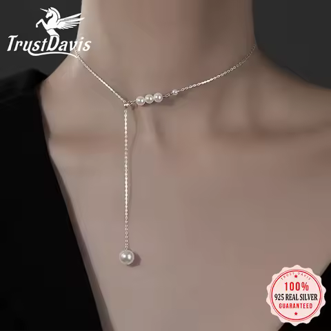 Trustdavis Real 925 Sterling Silve Fashionable and Simple Pearl Clavicle Necklace for Women Girl Fin