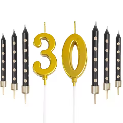 1Pack(8Pcs) Black Gold Dot Birthday Candles 18/20/30/40/50/60/70/80th Cake Candles for Birthday Part