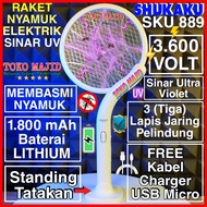 SHUKAKU SKU 889 NEW Model Raket Listrik Pembasmi Perangkap Nyamuk Sinar UV 3600V 1800 mAh Tiga Lapis