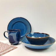 Ceramic Cup Plate And Bowl Size 6-9 Inches Model: Striped Pattern Blue With Brown Edges Set Of Cups 