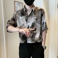 【热卖】2024新款夏季新中式衬衫男休闲痞帅七分袖男装上衣薄款国风衬衣男20241216