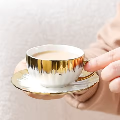 3-piece set, Ceramic Cup with Sauce, Espresso Cup and Sauce, Ceramic Coffee Cup and Gold Jewelry Sau