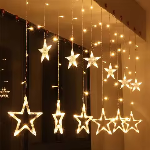 Star LED Curtain String Lights Indoor New Year 2M 6.5ft Christmas Fairy Garland 138LEDs 8 Modes For 