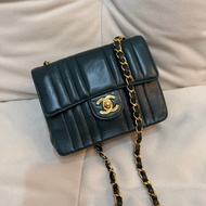 Chanel vintage 豎紋 深綠色 方胖子 24K金 古董 中古 稀有 條紋