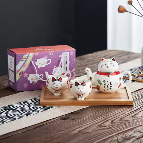 Japanese Lucky Cat Porcelain Tea Set Creative Fortune Cat Ceramic Tea Cup Pot with Strainer Lovely P