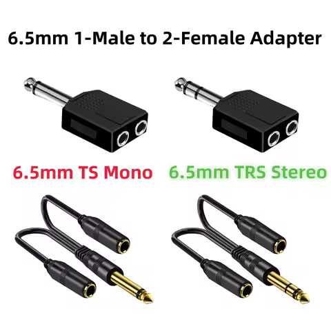 6.5mm 1/4" TS Mono, TRS Stereo 1-in 2-Out Y Splitter 6.35mm Male to Two Female Jack Audio Adapter Pl