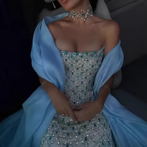 SERENE HILL Luxury Blue Kosovo Designer Beaded Evening Dress with Scarf Formal Occasion Gown GLA7322