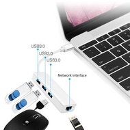4 合 1 鋁合金 3.0 C 型轉 RJ45 以太網集線器 + 3 USB 3.0 端口適配器適用於台式筆記本電腦  rteckp 4 in 1 Aluminium Alloy 3.0 Type C
