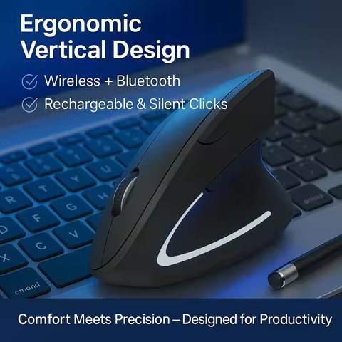 OUIO Ergonomic Wireless Mouse, Rechargeable, Bluetooth5.4 & 2.4GHz Dual Mode, Silent Click, for Lapt