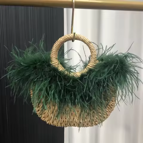 Women's ostrich feather bag, Straw woven handbag summer woven bag, handbag,straddle fashion wallet ,