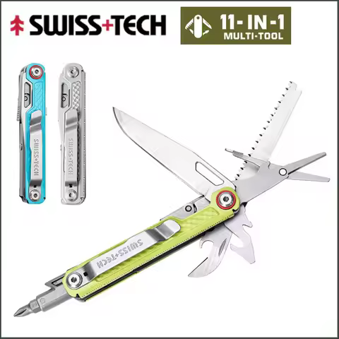 SWISS TECH 11 in 1 multifunctional folding EDC outdoor survival tool with scissors, screwdriver, saw