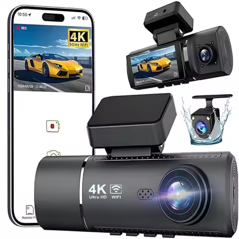 3Channel 4K Dash Cam Inside Built-in 5GWiFi 4K+1080P+1080P Dash Camera 3.16”IPS Screen G-Sensor 24H 