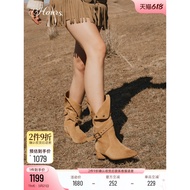 73hours Women's Shoes Denim Holiday Winter New Style Pile Boots Melade Western Cowboy Boots Women's 