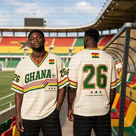 Men's Ghana Black Stars 26 Number Soccer Jersey Retro V Neck Short Sleeve T Shirt Africa Football St