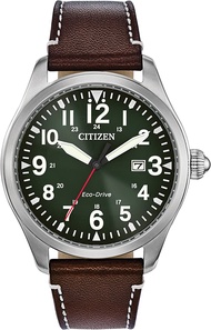 Citizen Eco-Drive Garrison Mens Watch Stainless Steel with Leather Strap Field Watch Brown Strap Green Dial