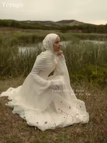 Verngo Modest Crep Wedding Dress High Neck A Line Full Sleeves Bridal Gowns Women Elegant Dubai Arab