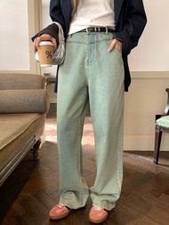 กางเกงยีนส์ทรงตรงเอวสูงไซส์ใหญ่ NAZ ทรงหลวม กางเกงยีนส์ทรงตรงยาวถึงพื้นสไตล์ย้อนยุคสำหรับผู้หญิงไซส์