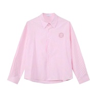 MNO.9 Shirt C26 เสื้อเชิ้ตผู้ชาย แขนยาว คอปก สกรีนอกซ้าย  ลายทาง ด้านหลังแต่งจีบไขว้ เสื้อเชิ้ตคอปก 