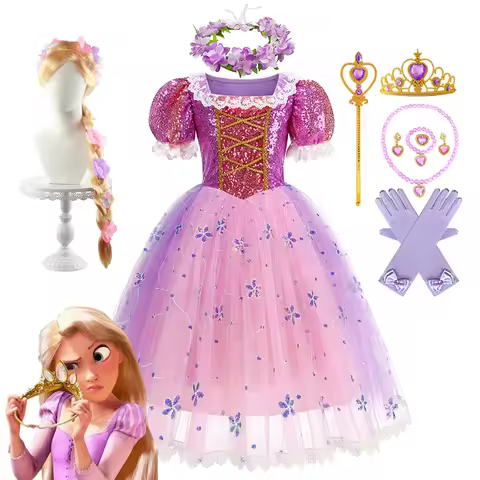 Disney Kids Cosplay Rapunzel Princess Dress Girls Tangled Costume Children Carnival Halloween Birthd