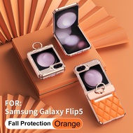 เคสโทรศัพท์กันกระแทกแบบบางพิเศษสำหรับ Samsung Galaxy Z พลิก5 Flip5พร้อมการป้องกันบานพับพร้อมที่ยึดแหวนขาตั้งเคสเคสหนังใส่เพชรสำหรับ Samsung Z Flip5 ZFlip5เคส