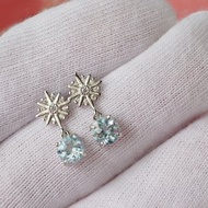 天然藍托帕石垂墜耳環，925純銀。