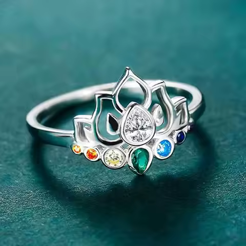 YILUOCD Lotus Flower Boho Colorful Yoga Rings 7 Chakras Rings for Women Healing Rainbow Crystals Amu