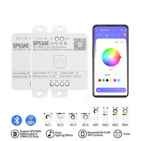 Bluetooth WiFi dual-mode SP53AE SPI RGBCCT LED Controller SP536E 5CH SPI Single color LED Dimmer for