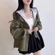 韓國秋裝風衣女裝連帽外套 休閒假兩件設計感寬鬆- 綠色拼接假兩件 M