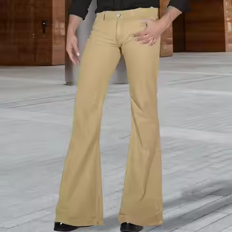 Fashion Men's Retro Flare Pants Solid Color Mid-Rise Trousers Casual Classic 70s Men Bell Bottom Zip