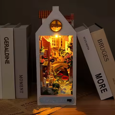 Vintage DIY Wooden Book Corner Bookshelf Insert Miniature Kit Bruges Ancient City Bookshelf Home Dec