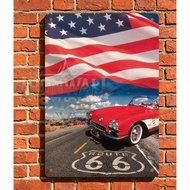 Flag Corvette C1 Metal Sign Red Classic Convertible on Route 66 with Stars & Stripes Background - Pa