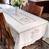 White dining tablecloth. Luxury minimalist aesthetic home furniture. Long guest tablecloth tableclot