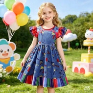 Scary Movie Vampire Dress Up Costume Kids Chucky Printed Dress+Sticker Headwear For Girls Horror Hal