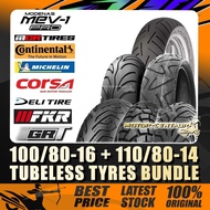 TAYAR MCR,FKR,CONTINENTAL,GRT,MICHELIN,CORSA,DELI,SWALLOW TUBELESS TYRE 100/80-16+110/80-14 FOR MODE