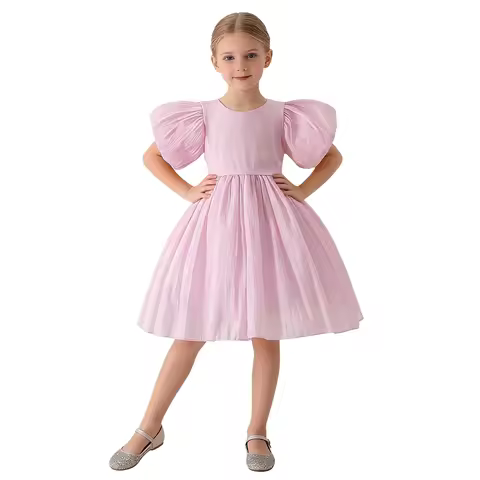 Children's Bubble Sleeve Tutu Princess Dress with Back Zipper - Soft 3-Layer Tulle Dress for Girls A