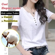 V-Neck Button Slub Cotton T-Shirt Top