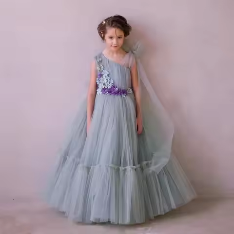 Customized Dusty Blue Flower Girl Dresses For Wedding Floral Tulle Sleeveless Elegant Princess First