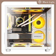 Warm Light เคสพีซีกระจก270องศาแท่นวางคอมพิวเตอร์ตั้งโต๊ะแบบใสสำหรับ M-ATX ITX เมนบอร์ด SSD 7พัดลมระบ