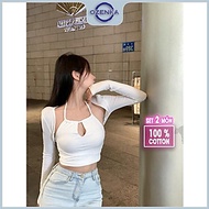 Set áo khoác croptop tay dài áo 2 dây ôm body nữ OZENKA , áo crt kiểu Hàn Quốc gợi cảm thun cotton đen trắng dưới 55 kg