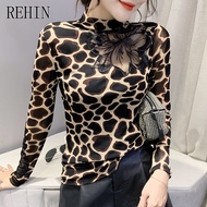 REHIN Women's top New Arrival Korean version Slim lace splicing high neck Stone Print gauze long-sleeved T-shirt small shirt