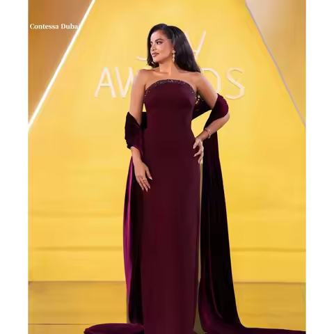 Contessa Customized Prom Dress robes de soirée Evening Dresses Burgundy Strapless Beaded Velvet Cape