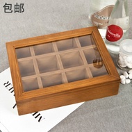 Zakka Wooden Groceries Solid Wood Retro Distressed Jewelry Box Jewelry Storage Box with Glass Lid 12