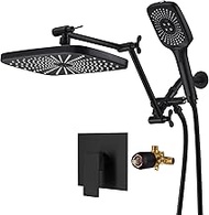 Matte Black Shower Faucet Set Complete 12 Inch Rainfall Shower Head with Handheld, High Pressure Dual Shower Head Combo With Adjustable Extension Arm, 3-Way Diverter, Rough-In Valve