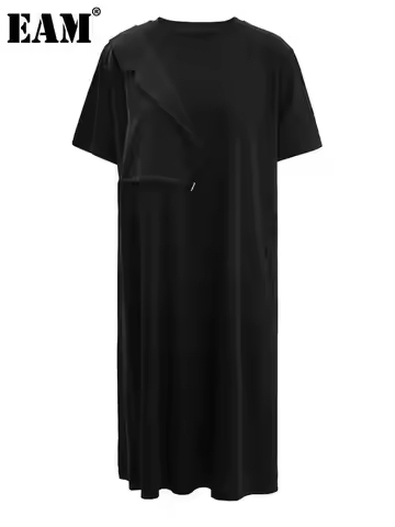 [EAM] Women Black Irregular Spliced Drawstring Big Size Dress New Round Neck Short Sleeve Fashion Sp