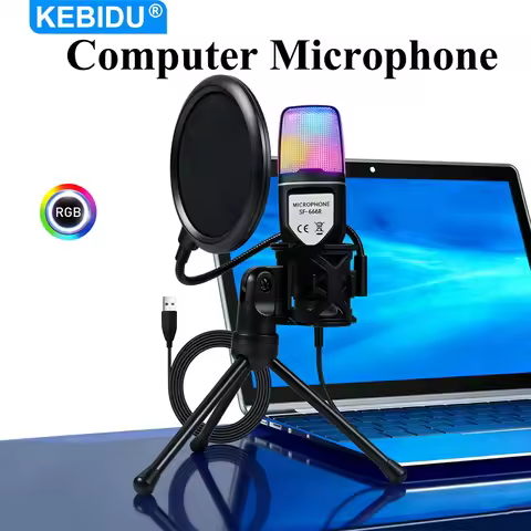 KEBIDU Gaming Computer Microphone Professional USB Condenser Microphone with Tripod Stand & Pop Filt