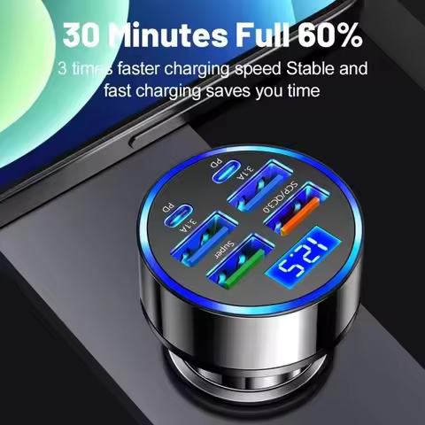 UYUXIO 6 in 1 USB C Car Charger with Voltage Display Multi Port Fast Charge Adapter with Volt Meter 